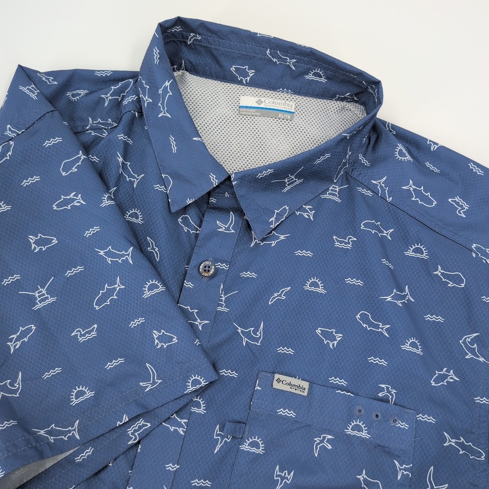 Columbia PFG Low Drag Offshore Mens XL Blue Nautical Fish Print Button Down
